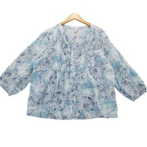 Chicos Linen Blend Floral Print Pintuck VNeck Blouse Top Shirt Size 3 XL